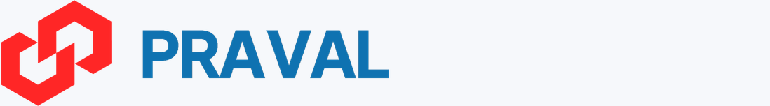 The Praval logo, with the wordmark expanding from PRAVAL into PRAGMATIC VALUES and back.