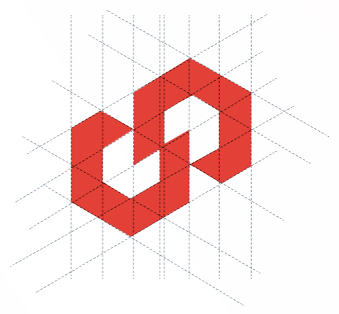 The Praval mark drawn over an isometric grid, every edge of both hexagons running along a straight guide line.